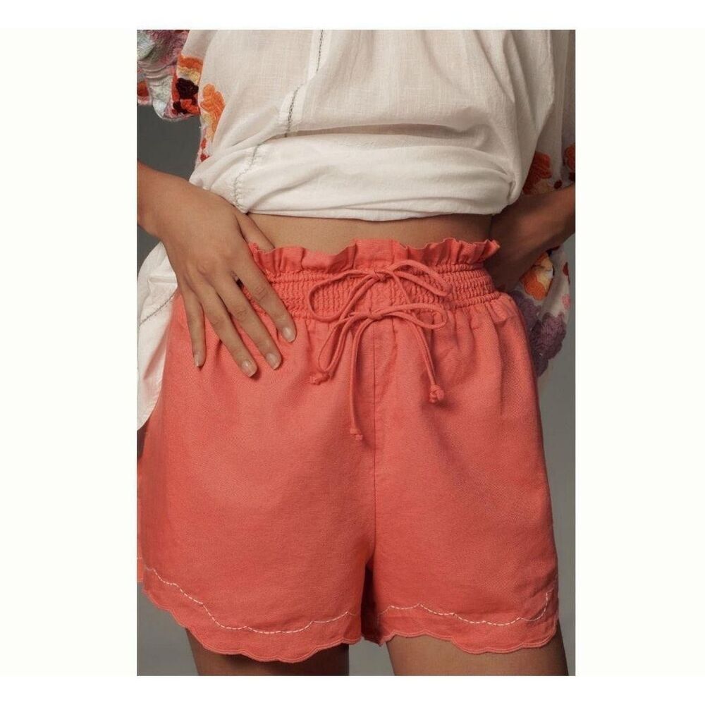 By Anthropologie Linen Double Waistband Shorts Smocked Ruffle Casual M-P 289340